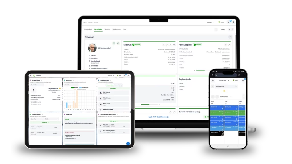 Confirma Active -liikuntakeskusohjelmisto toimii niin tietokoneella, tabletilla kuin puhelimella.